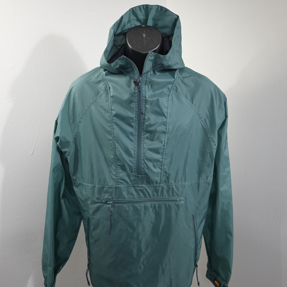 Vintage REI Anorak Windbreaker Mens M Green Quarter Zip Hooded Kangaroo Pocket